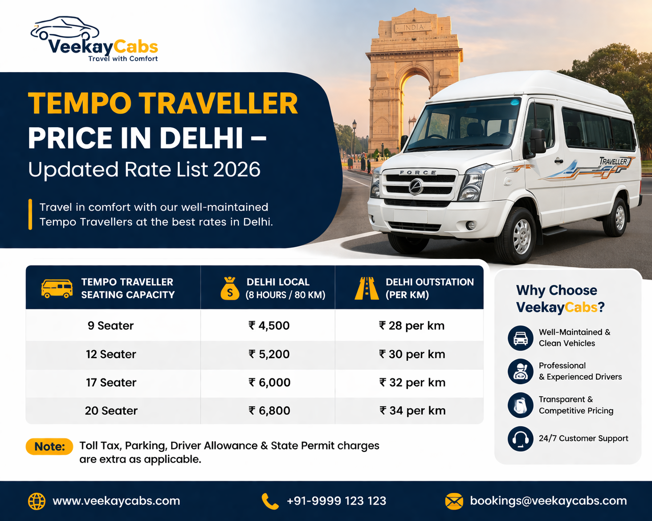 Tempo Traveller Price in Delhi – Updated Rate List 2026 | VeekayCabs