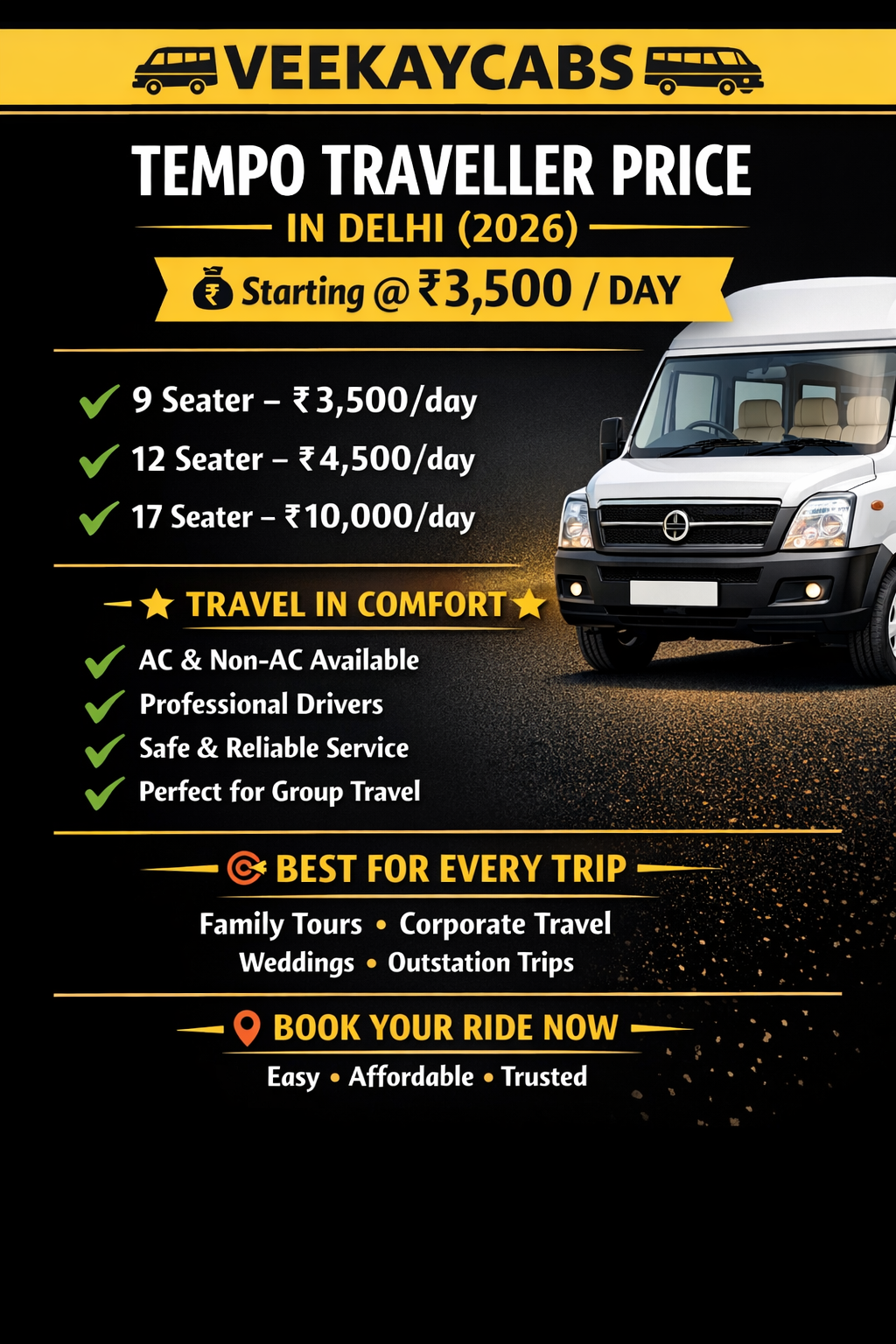 How much does VeekayCabs Tempo Traveller cost per day in delhi?